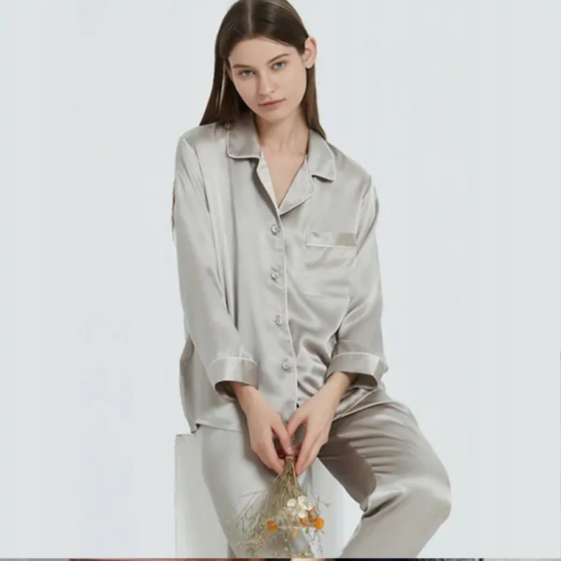 Gray Silk Night Suit For Women – Long Sleeves & Collar Design - bisawears.com