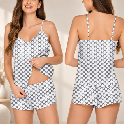 Back view of white printed cami shorts set with matching shorts