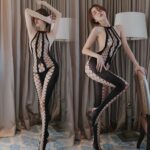 Full length front and side view of a model wearing a stretchable black net body suit for women in a fishnet pattern