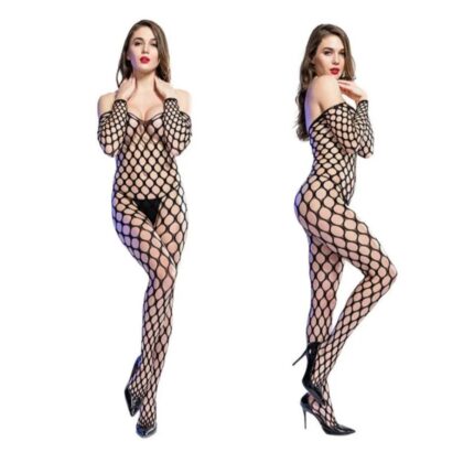 Front and side view of a black full body fishnet stocking with diamond mesh design