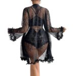 Back view of black lace women nightwear set with sheer robe