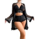 Black Lace Robe Nightwear Set for Women