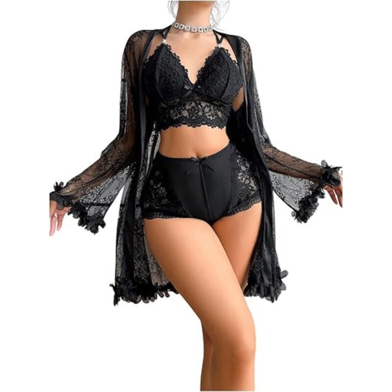 Black Lace Robe Nightwear Set for Women
