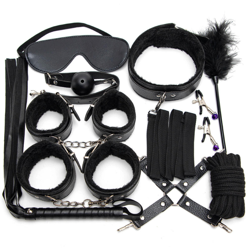 10 PCS Black BDSM Kit in Pakistan with cuffs collar rope blindfold and accessories