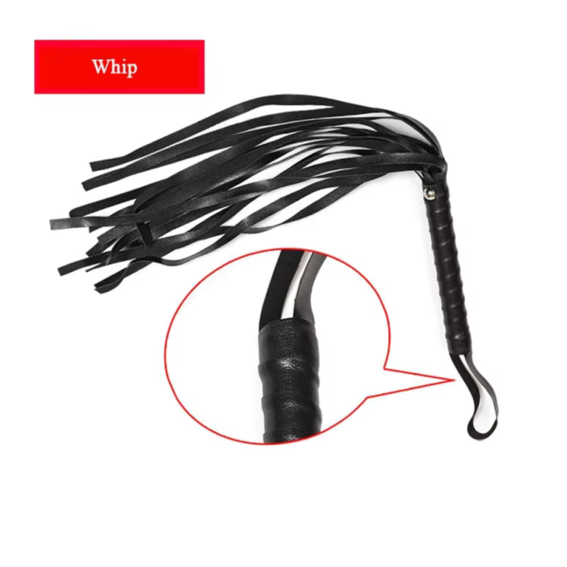 Black flogger whip accessory included in 10 PCS Black BDSM Kit in Pakistan