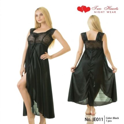 black silk satin long nightwear with lace bodice