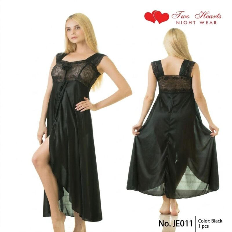 black silk satin long nightwear with lace bodice