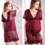 Lace mesh babydoll nightdress with short sleeves shown in maroon red and black color options