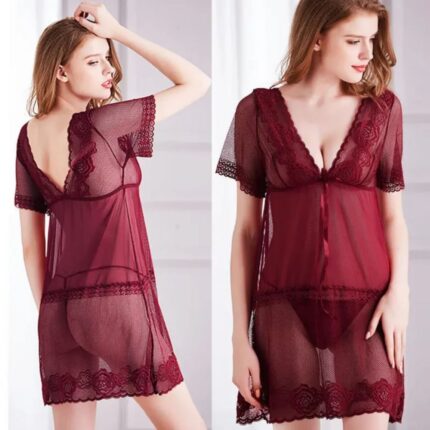 Lace mesh babydoll nightdress with short sleeves shown in maroon red and black color options