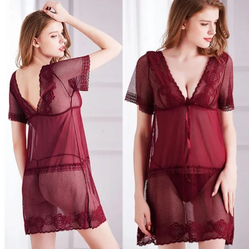 Lace mesh babydoll nightdress with short sleeves shown in maroon red and black color options