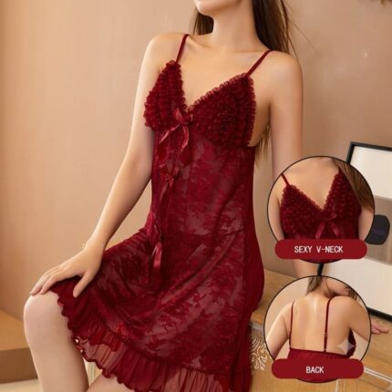Woman wearing elegant dark maroon ruffled floral lace babydoll nightdress with satin bows. Features insets showing the Sexy V-Neck and back view details.