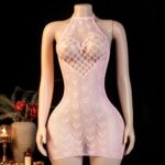 Pink Fishnet Body Stocking Mannequin Front View Heart Pattern Mini Dress