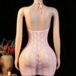 Back view of Pink Heart Pattern Fishnet Mini Dress for Women with open back halter design