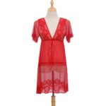 Vibrant red lace mesh babydoll nightdress with short sleeves displayed on mannequin
