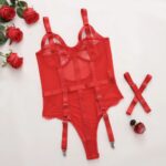 Flat lay of Red Lace Mesh Bodysuit with Adjustable Garter Straps by Bisawears