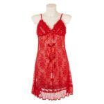 Vibrant red ruffled floral lace babydoll nighty dress with satin bows displayed on a white mannequin. Shows ruffled V-neck and sheer lace hem.