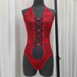maroon sheer lace mesh bodysuit on mannequin