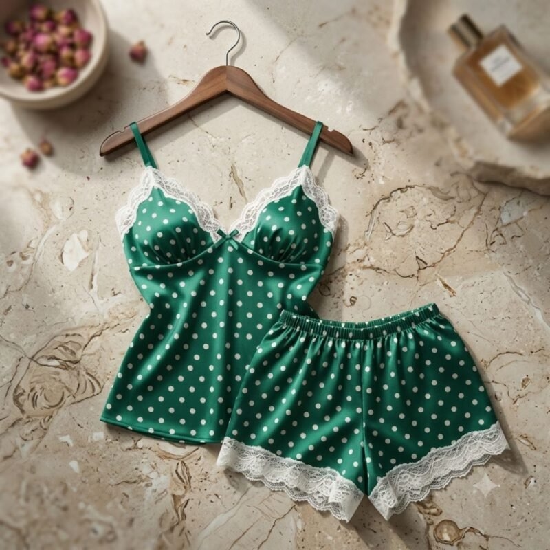 2-Piece Green Polka Dot Satin Camisole & Shorts Set with White Lace Border