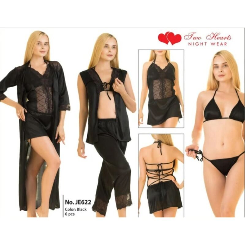 6 Pcs Black Silk Bridal Nighty Set with long gown robe, pajama, babydoll dress, and bikini for women in Pakistan