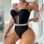Black bodysuit lingerie with rhinestone straps and sparkle waistband