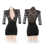 Black lace leather nighty dress with sheer floral lace bodice and fitted skirt