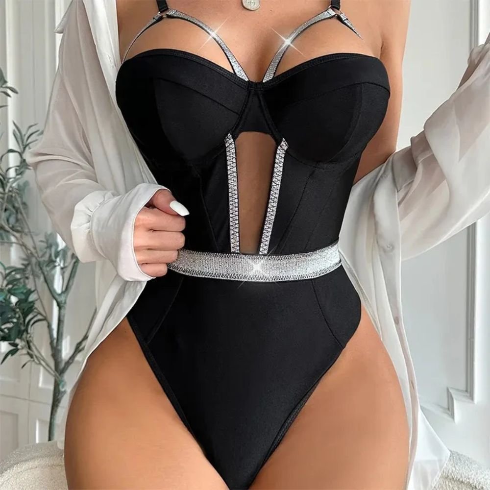 Black rhinestone bodysuit lingerie with crystal trim and cutout waist Black bodysuit lingerie with rhinestone trim and cutout waist