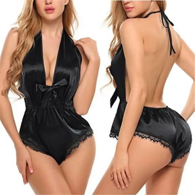 Black satin teddy nightwear with backless halter neck for women