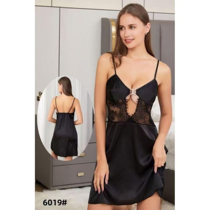 Black satin nighty dress for women with floral lace front
