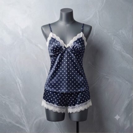 Blue Polka Dot Satin Cami & Shorts Set on Mannequin Display