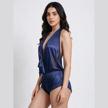 Blue satin teddy lingerie side view with deep V-neck halter design