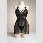 Front mannequin display of fancy lace nighty dress in pakistan with floral lace and fringe tassels