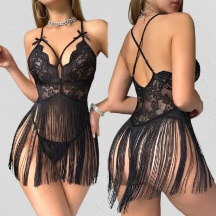 Fancy lace nighty dress in Pakistan with tassel details front and back view