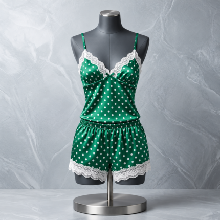 Green cami and shorts set with white polka dots and lace trim displayed on a mannequin