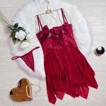 Maroon babydoll lingerie set with lace detailing and satin bows