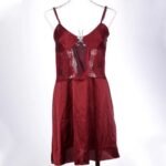 Maroon satin nighty dress for women in pakistan with floral lace waist and keyhole front