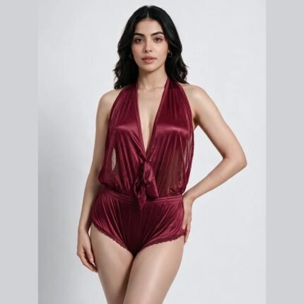 Maroon satin teddy lingerie for women with deep V-neck halter design