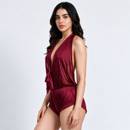 Maroon satin teddy lingerie side view with deep V-neck halter design