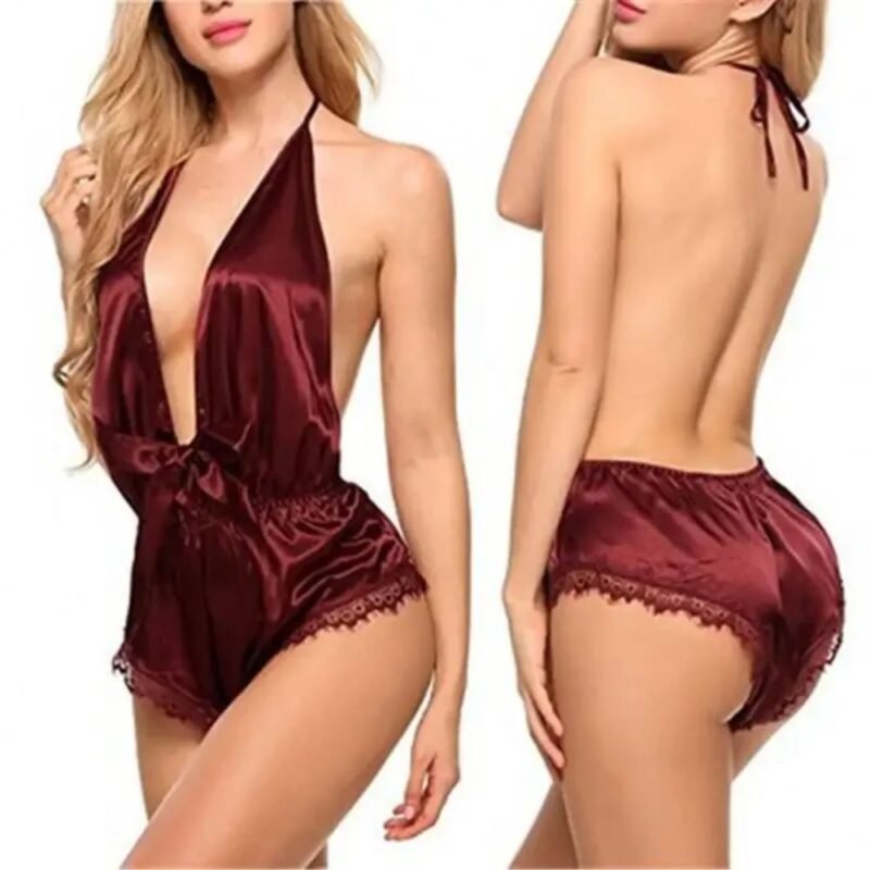 Maroon satin teddy nightwear with backless halter tie for women