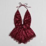 Maroon satin teddy nightwear with plunging V-neck and black lace trim