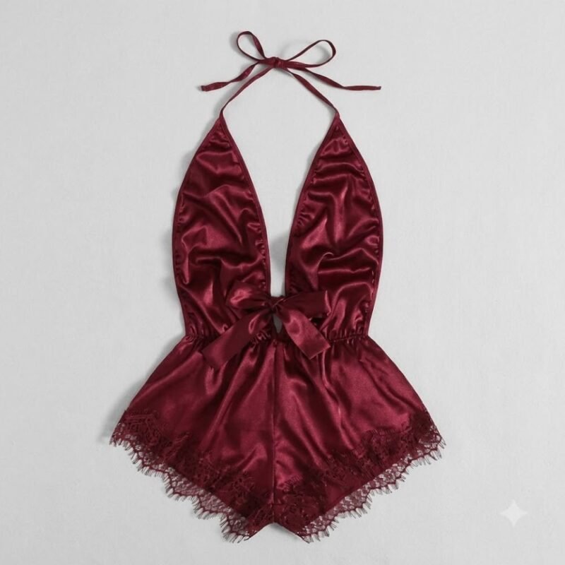 Maroon satin teddy nightwear with plunging V-neck and black lace trim