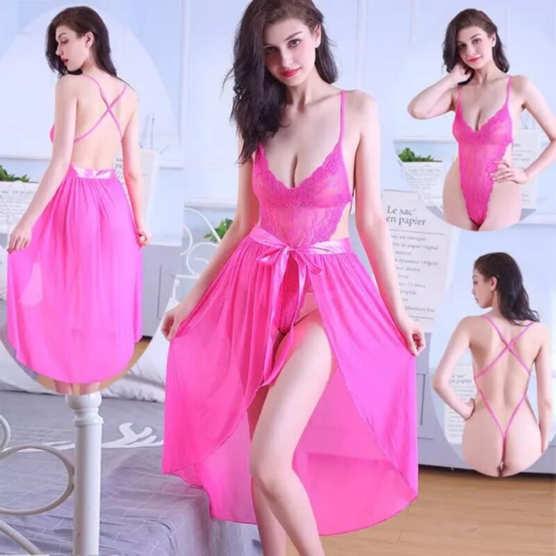 Pink lace bodysuit with detachable mesh skirt for women