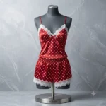Red camisole shorts set with satin polka dot print and white lace trim on mannequin
