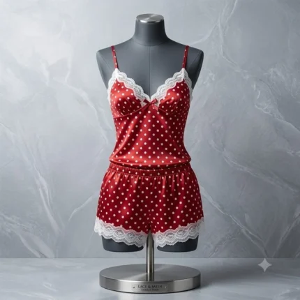 Red camisole shorts set with satin polka dot print and white lace trim on mannequin