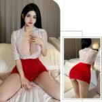 Red and white lace nightwear set for women with floral lace top and mini skirt