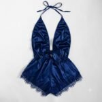 Royal Blue Satin Teddy Nightwear with Plunging V-Neck, Central Bow, and Delicate Lace Trim - Flat Lay