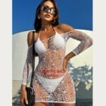 White fishnet dress for women with long sleeves and hollow-out mesh design