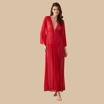 Maroon lace long nighty dress for women with sheer sleeves and floral lace trim
