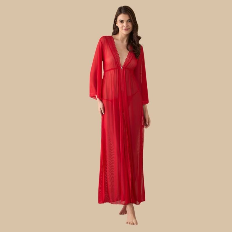 Maroon lace long nighty dress for women with sheer sleeves and floral lace trim