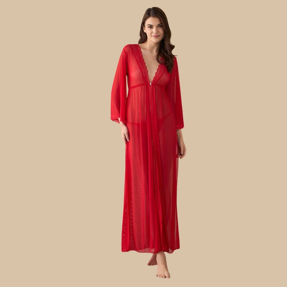 Maroon Lace Long Nighty Dress – Front View Maroon lace long nighty dress for women with sheer sleeves and floral lace trim