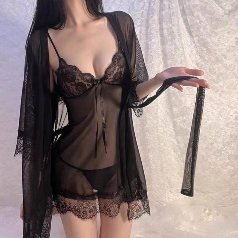 Black 3 piece nighty with sheer robe, lace babydoll inner and matching panty